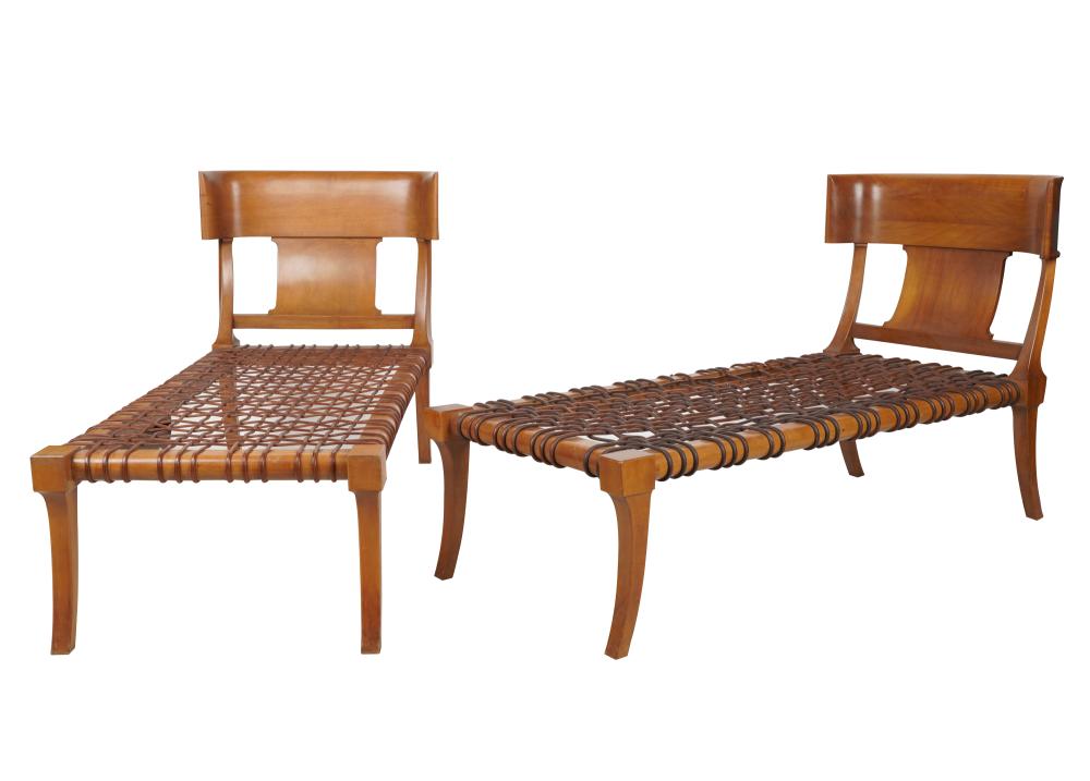 Appraisal: PAIR KLISMOS-STYLE WALNUT CHAISE LOUNGESone with metal label Designed by