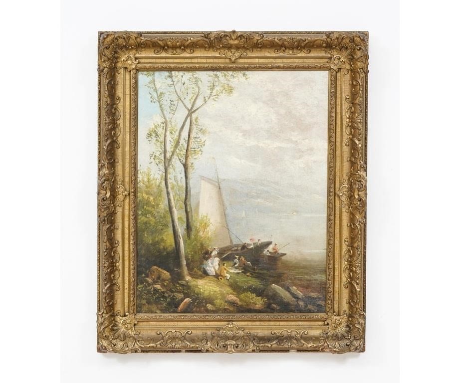 Appraisal: Oil on canvas of fishing along a lake with sailboats