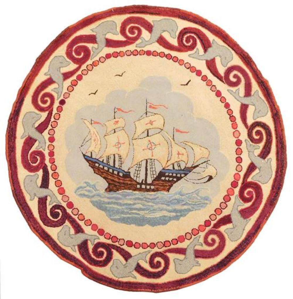 Appraisal: RUG Hooked decorative rug ' diameter folk-style nautical theme with