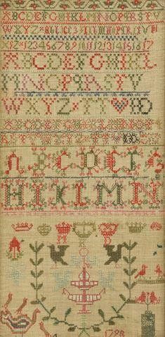 Appraisal: Framed needlepoint sampler on linen likely Scottish dated primarily red