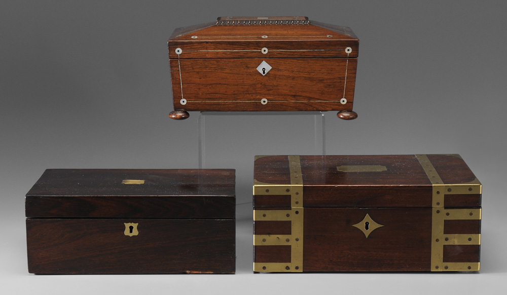 Appraisal: Three Accessory Boxes British th century rosewood lap desk interior