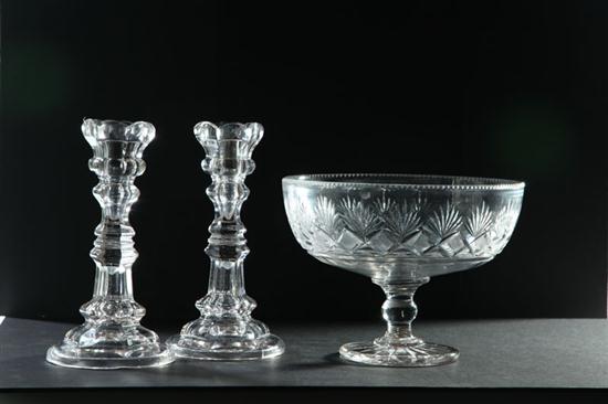 Appraisal: PAIR OF GLASS CANDLESTICKS AND A COMPOTE Pittsburgh mid th