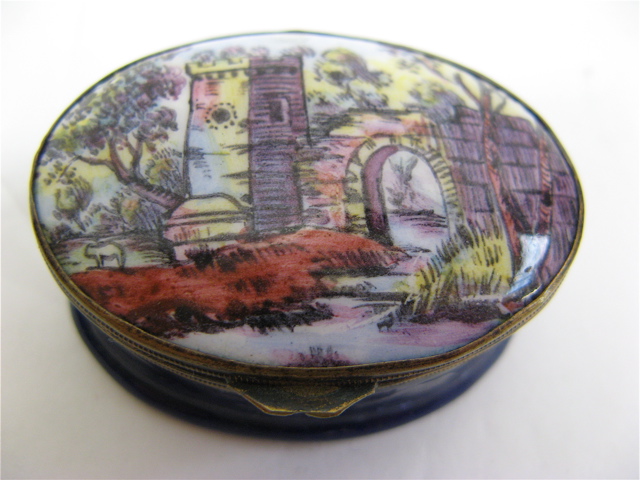 Appraisal: BILSTON ENGLISH OVAL ENAMELED BOX late th century the hinged