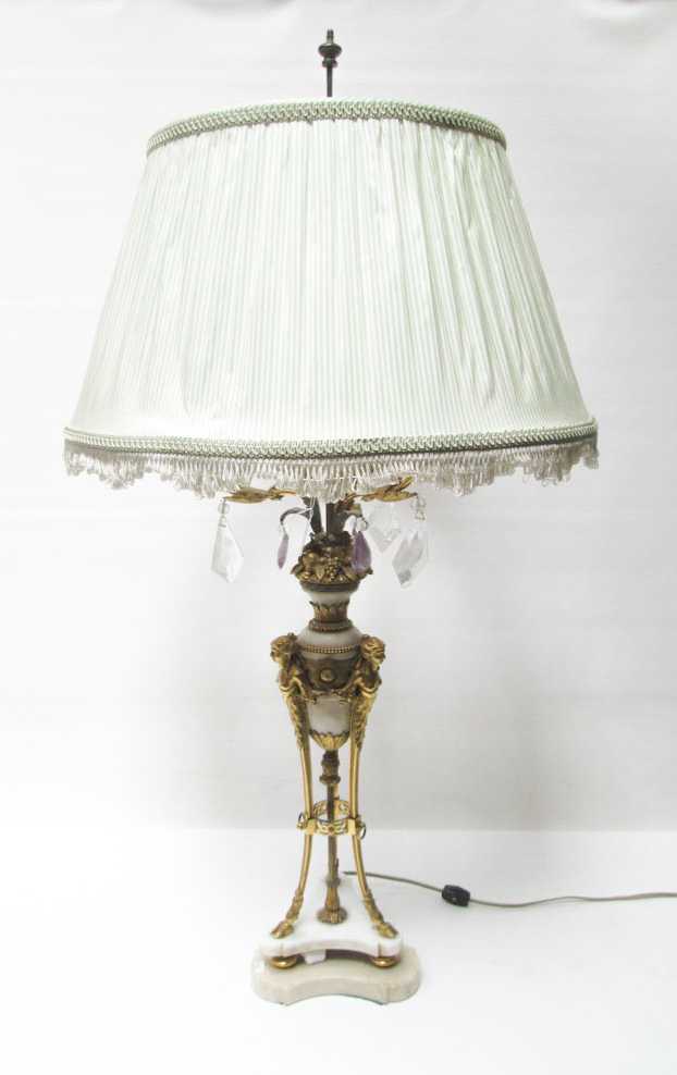 Appraisal: FRENCH GILT BRONZE AND MARBLE TABLE LAMP three-arm candelabra form