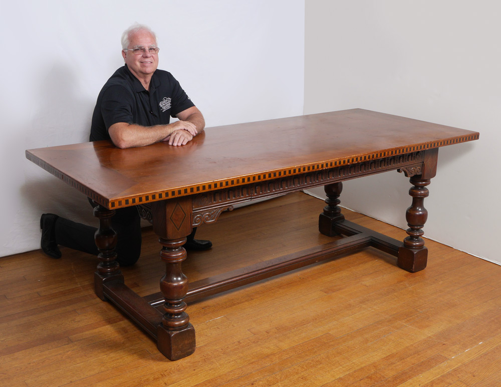 Appraisal: BARBER POLE INLAY DINING TABLE English table rectangular with barber