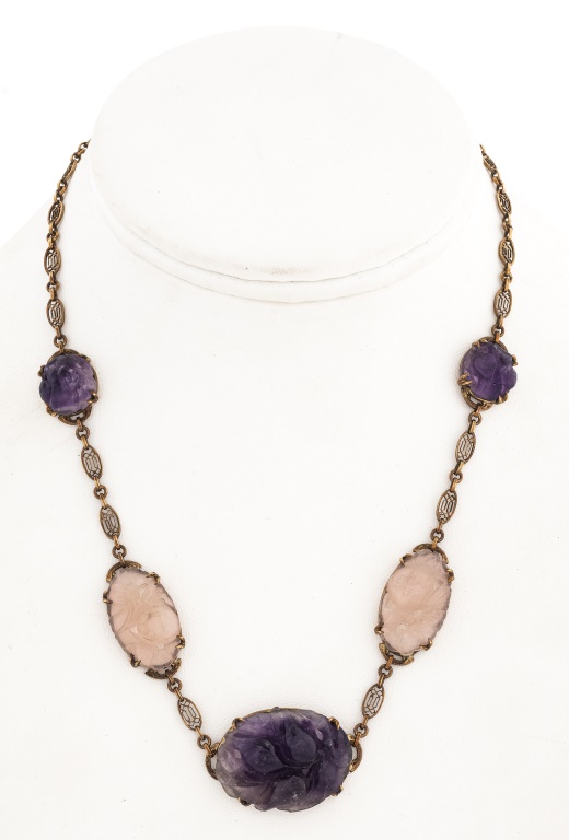 Appraisal: CHINESE K AMETHYST QUARTZ NECKLACE Chinese carved amethyst and rose