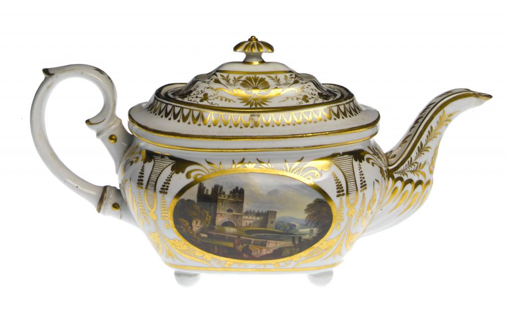 Appraisal: A DERBY TEAPOT AND COVER of 'silver' shape painted to