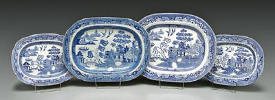 Appraisal: Four blue transfer platters all with Nanking style decoration pagodas