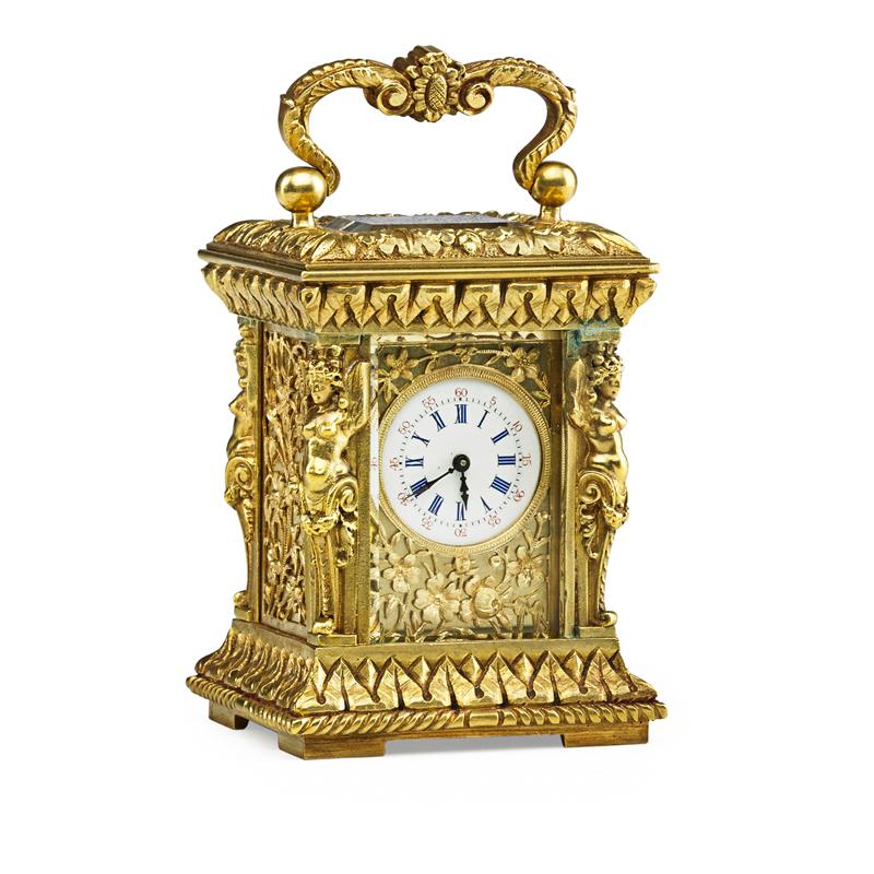 Appraisal: MINIATURE FRENCH GILT-BRONZE CARRIAGE CLOCK Repousse decoration with full figure