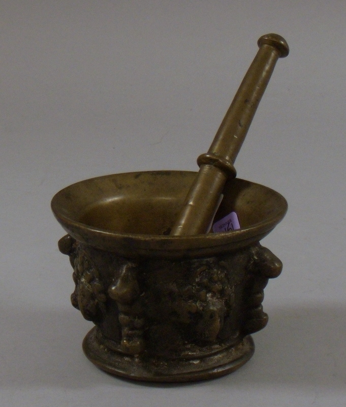 Appraisal: Romanesque Cast Bronze Mortar and Pestle mortar ht dia in