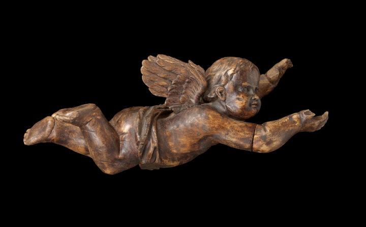 Appraisal: Austro-German Carved and Stained Lindenwood Figure of a Flying Putto