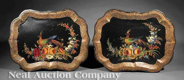 Appraisal: A Pair of Tole Peinte Trays gilt-decorated scalloped rims reserved