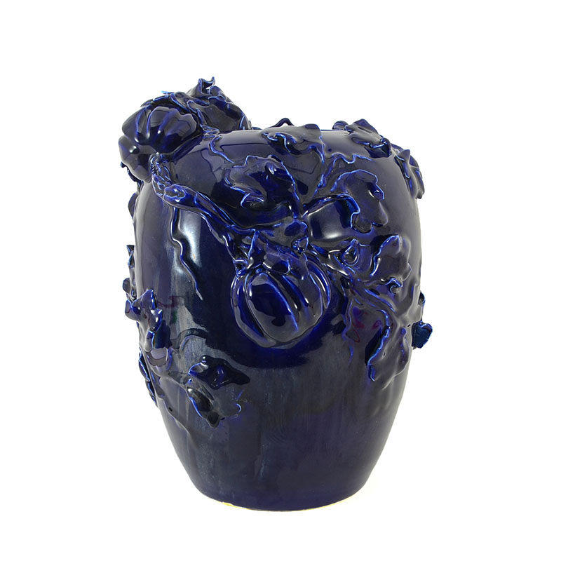 Appraisal: LARGE COBALT GLAZE HIGH RELIEF VASE High relief gourd or