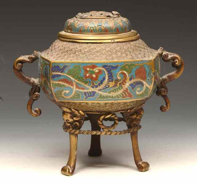 Appraisal: A JAPANESE BRONZE AND CHAMPLEVE ENAMEL KORO and cover of