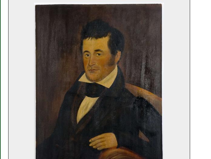 Appraisal: PRIMITIVE PORTRAIT OF A GENTLEMAN SEATED IN A RED UPHOLSTERED