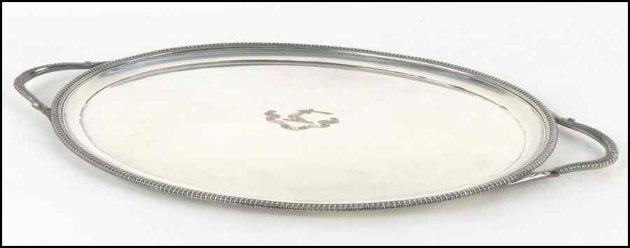 Appraisal: ENGLISH SHEFFIELD SILVERPLATE TWO-HANDLED OVAL TRAY Bearing a central engraved