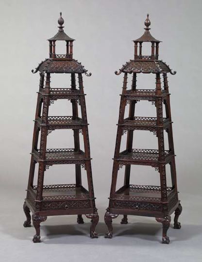 Appraisal: Pair of George III-Style Mahogany Etageres in the Chinese Chippendale