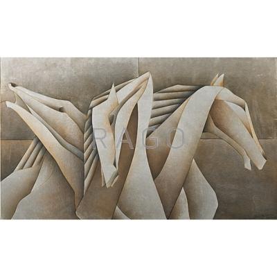 Appraisal: PADDED FUTURISTIC HORSE ARTWORK Suede over board multiple Wind Riders