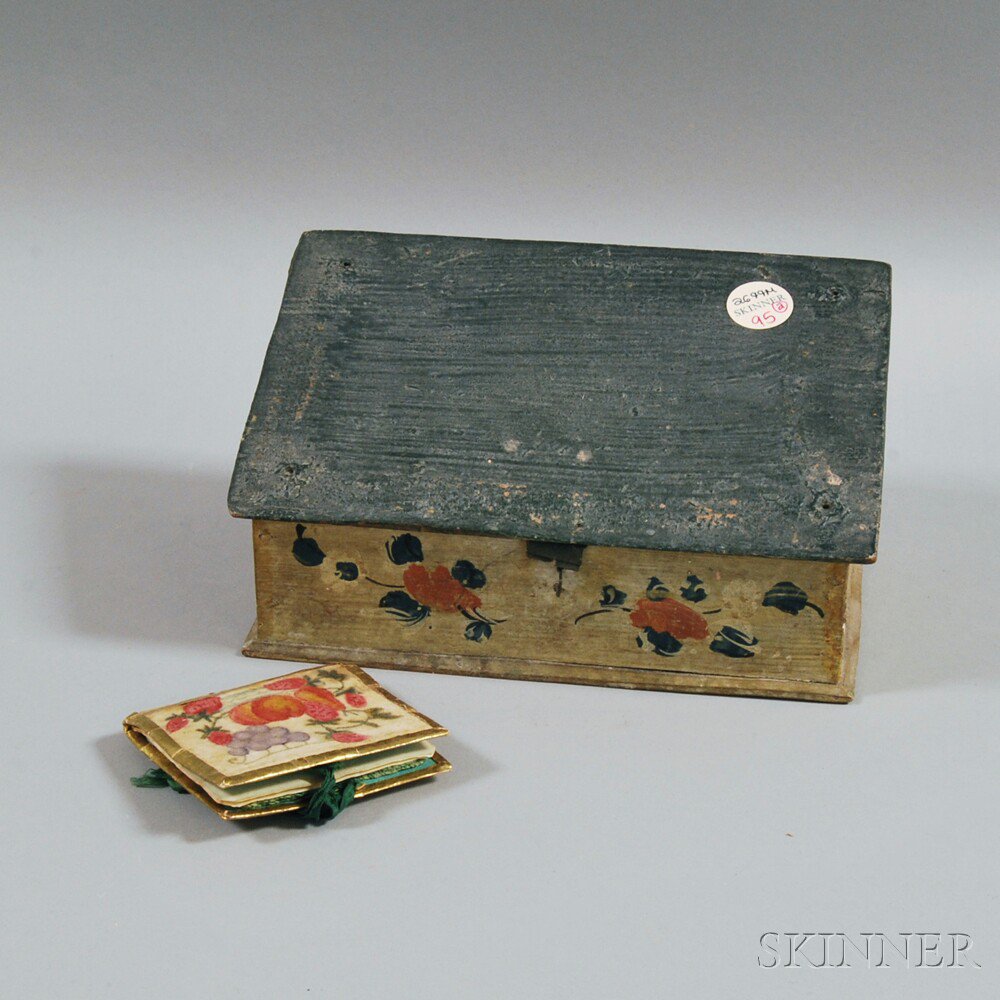 Appraisal: Small Floral-painted Slant-lid Box and a Schoolgirl Theorem-decorated Needle Case