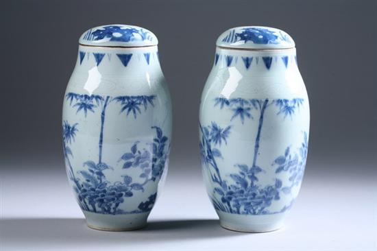 Appraisal: PAIR CHINESE BLUE AND WHITE PORCELAIN JAR AND COVERS Transitional