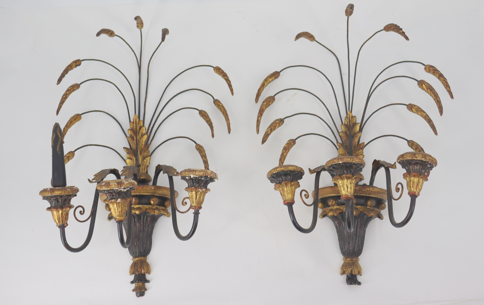 Appraisal: MIDCENTURY ITALIAN CARVED GILTWOOD WHEAT SHEAF Sconces From a Hamptons