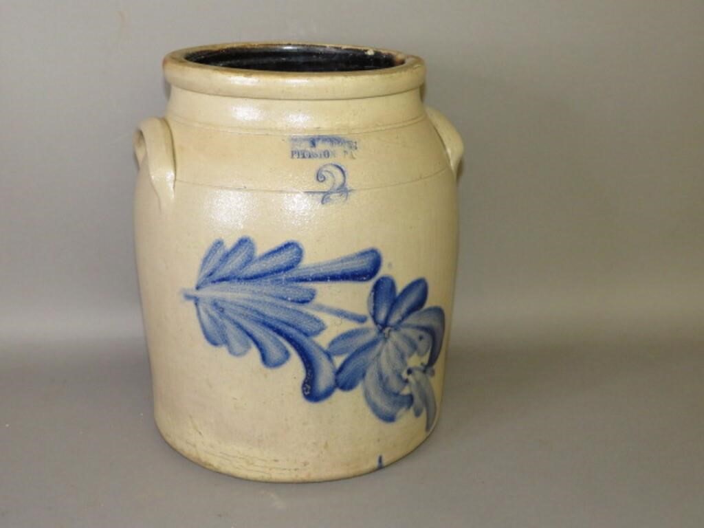 Appraisal: GALLON STONEWARE EVAN JONES COBALT DECORATED CROca salt glazed cylindrical