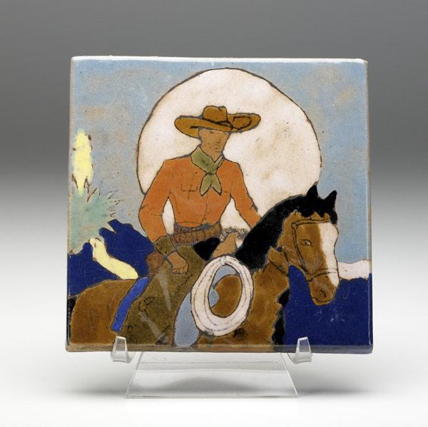 Appraisal: SAN JOSE Tile depicting a cowboy on horseback before a