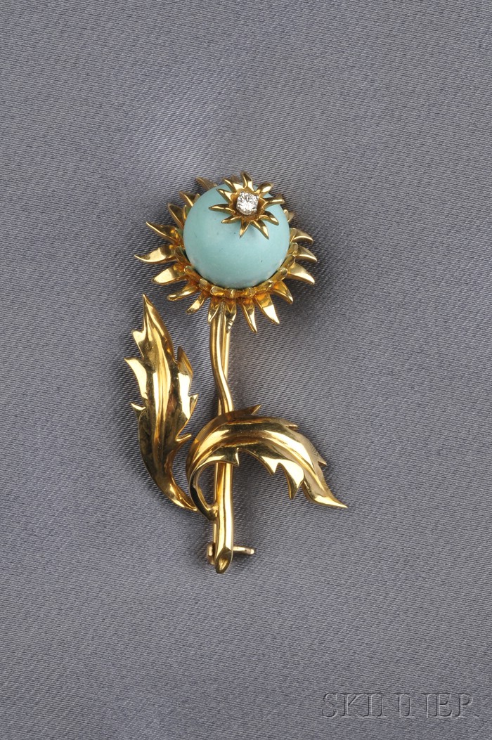 Appraisal: kt Gold Turquoise and Diamond Flower Brooch Schlumberger Tiffany Co