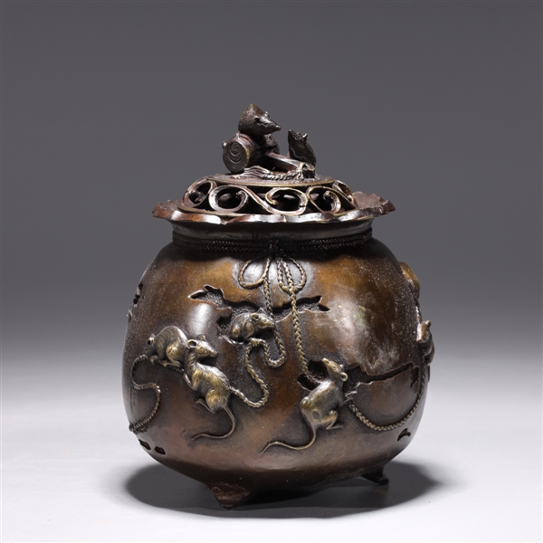 Appraisal: Chinese bronze tripod censer with molded mice to body and