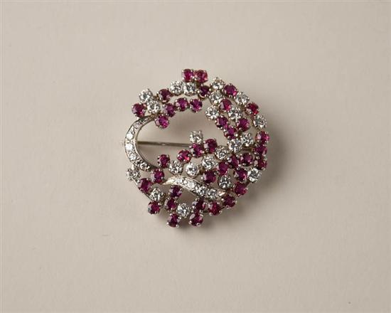 Appraisal: A Gold Diamond and Ruby Brooch K tested white gold