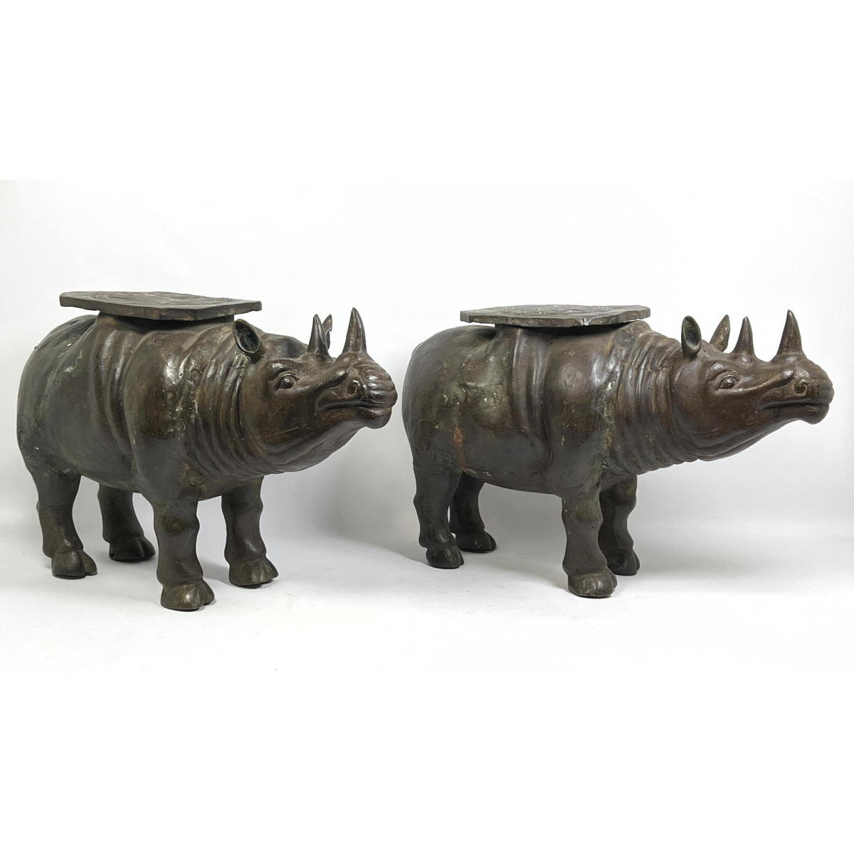 Appraisal: pc Hollow Bronze Rhinoceros Figures Stool Tables Have Table Top