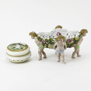 Appraisal: Vintage Porcelain Reticulated Cherub Basket together with Limoges France Powder