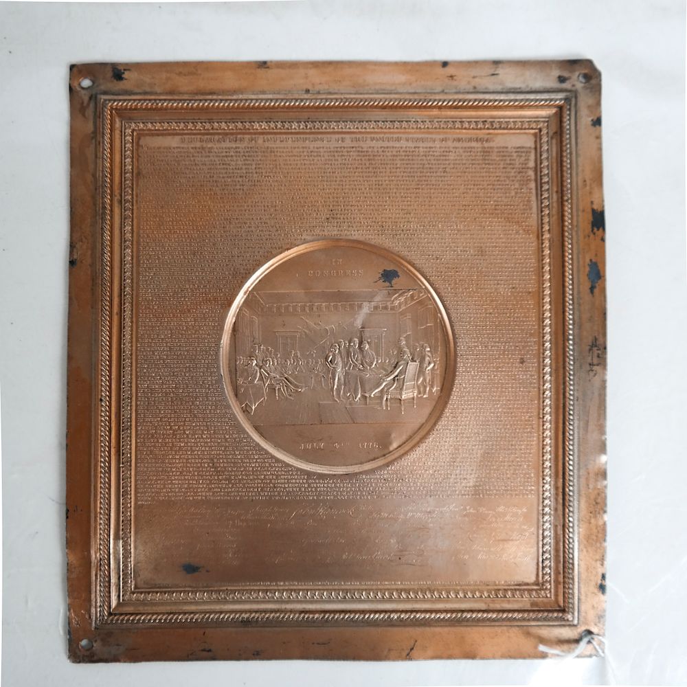 Appraisal: th C Declaration of Independence Plaque Rare copper th c