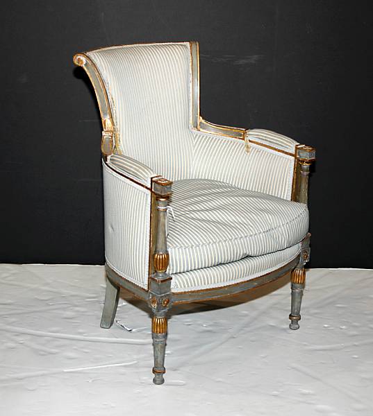 Appraisal: A Directoire paint decorated and giltwood fauteuil height in width