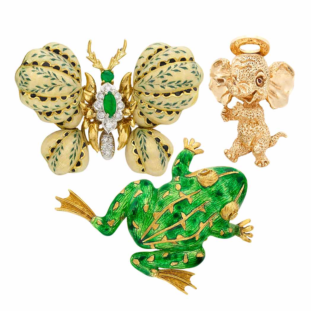 Appraisal: Gold and Ruby Elephant Pin Ruser and Two Gold and