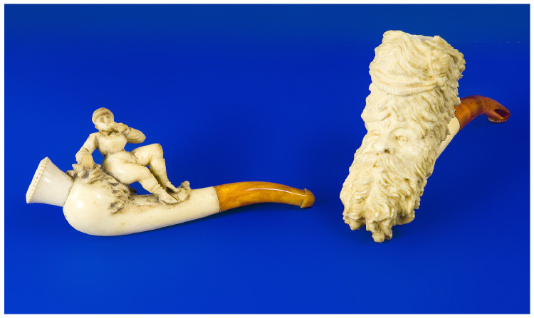 Appraisal: Two Cased Meerschaum Pipes Realistically Carved Bowl Showing A Bearded