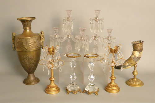 Appraisal: Pair of candlesticks together with a brass urn and brass