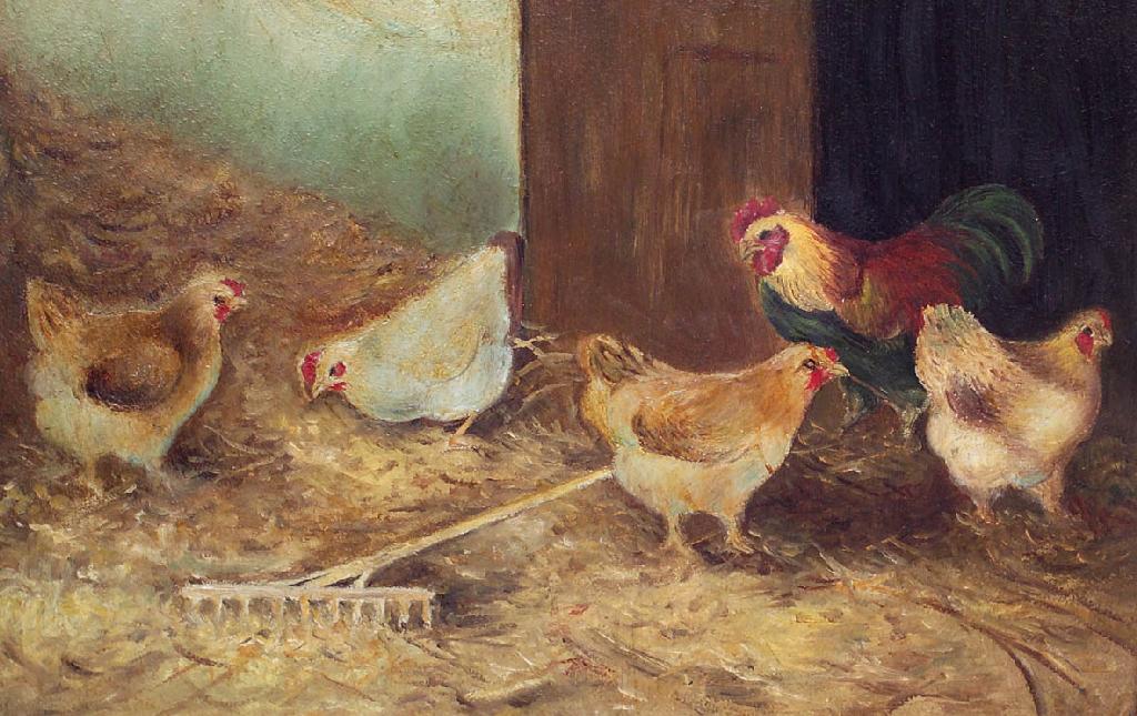 Appraisal: PAIR OF FARMYARD SCENES HENS and CHICKENS oil on board