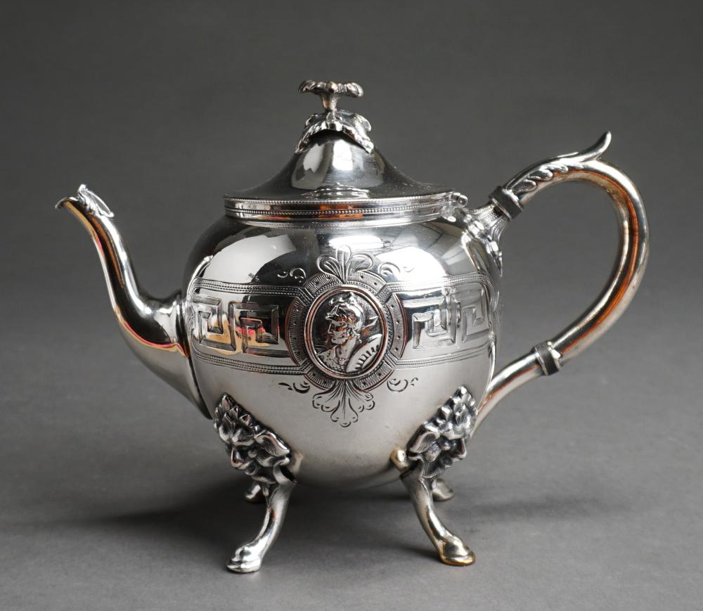 Appraisal: NEOCLASSICAL STYLE SILVERPLATE MEDALLION TEAPOT H IN CM Neoclassical Style