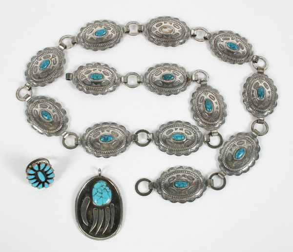 Appraisal: Native American silver and turquoise items including a concho belt