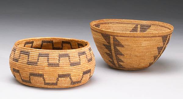 Appraisal: Two Yokut baskets Decorated with crenelated bands and columns of