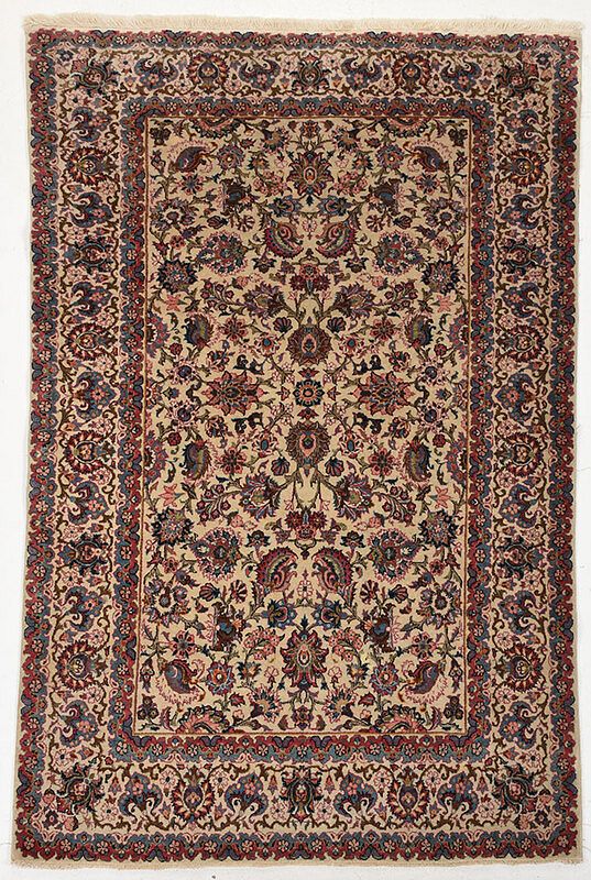 Appraisal: Kerman Rug Persia th century white field pink and green