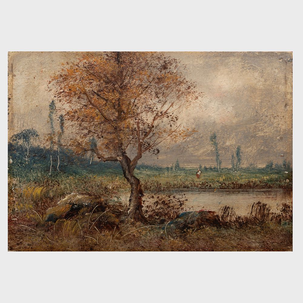 Appraisal: European School Landscape with a Tree and River Oil on