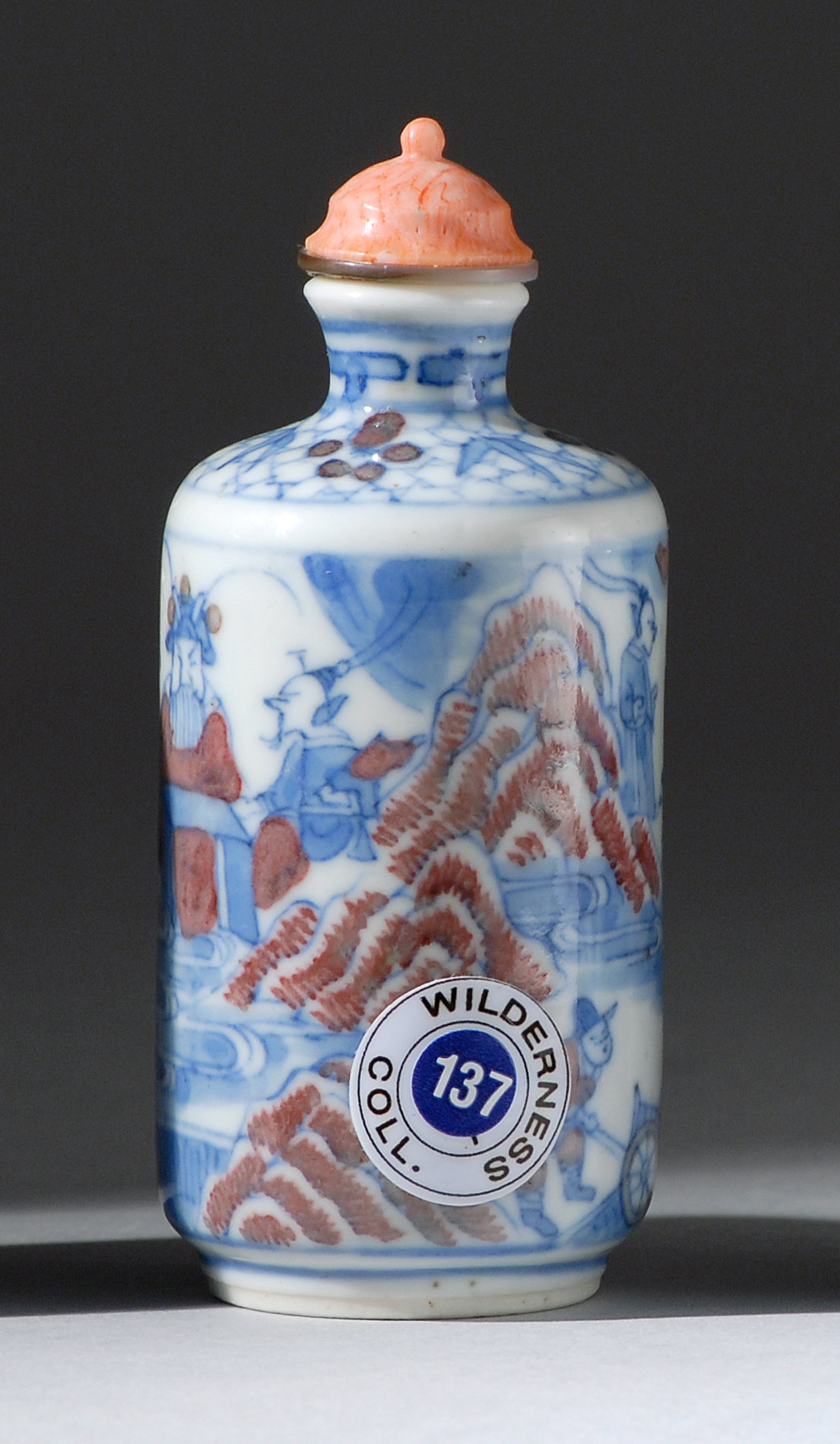 Appraisal: UNDERGLAZE RED AND BLUE PORCELAIN SNUFF BOTTLE Mid- th CenturyIn