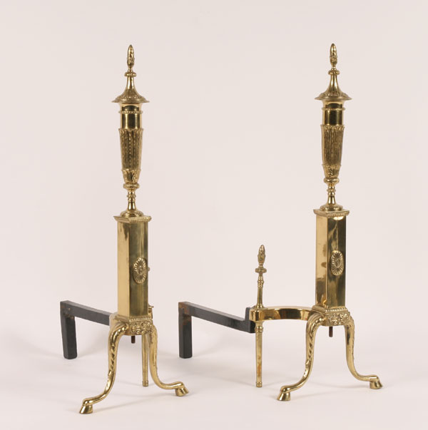 Appraisal: Pair brass fireplace andirons square columnar supports on hooved feet