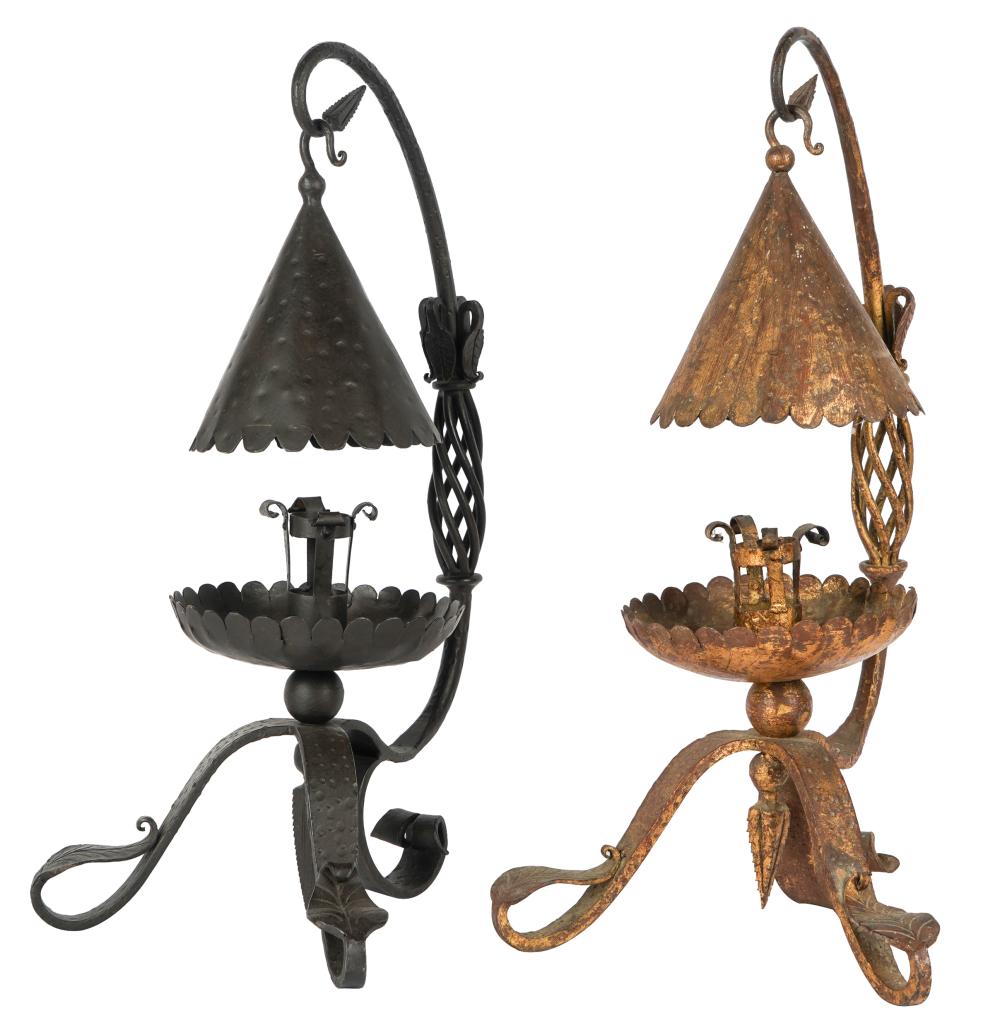 Appraisal: PAIR OF SPANISH REVIVAL WROUGHT IRON CANDLE STANDSone with gold