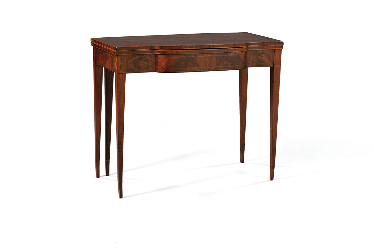 Appraisal: MASSACHUSETTS HEPPLEWHITE INLAID MAHOGANY FIVE-LEG CARD TABLE BRANDED quot CLAY