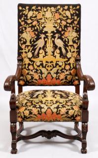 Appraisal: FRENCH CARVED WALNUT OPEN ARMCHAIR FRENCH CARVED WALNUT OPEN ARMCHAIR