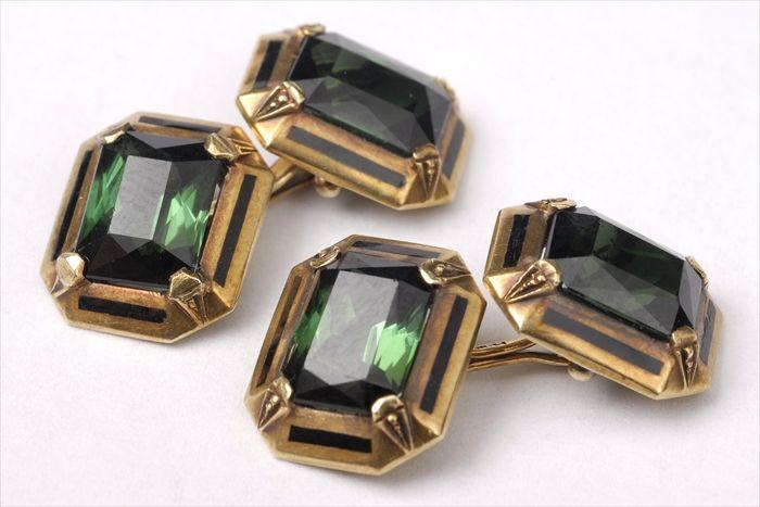 Appraisal: PAIR OF GOLD AND FACETED GREEN STONE CUFFLINKS Stamped k