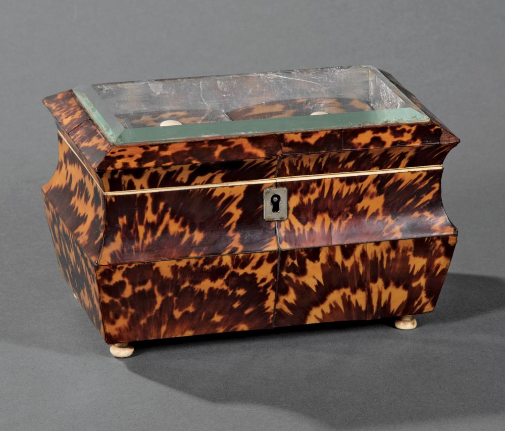 Appraisal: George III Tortoiseshell Tea Caddy early th c unusual beveled